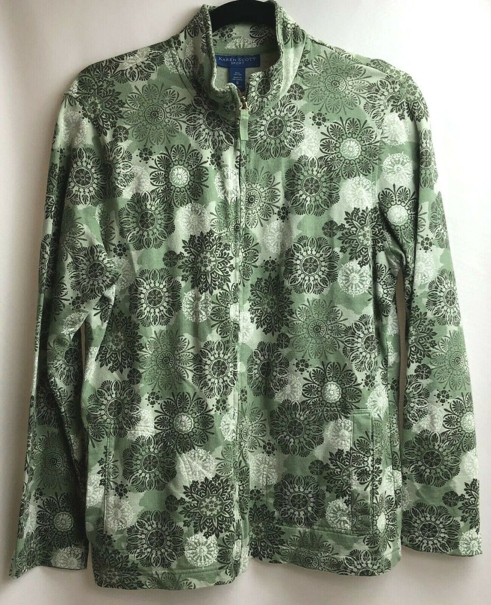 Karen Scott Jacket Women Small Green Floral 100% Cotton Full Zip Pockets Casual